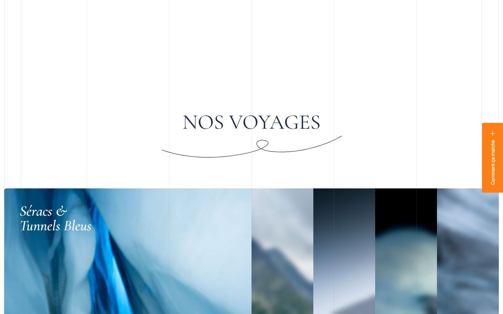 Les voyages : le titre, un trait de plume, puis les lamelles d'images.