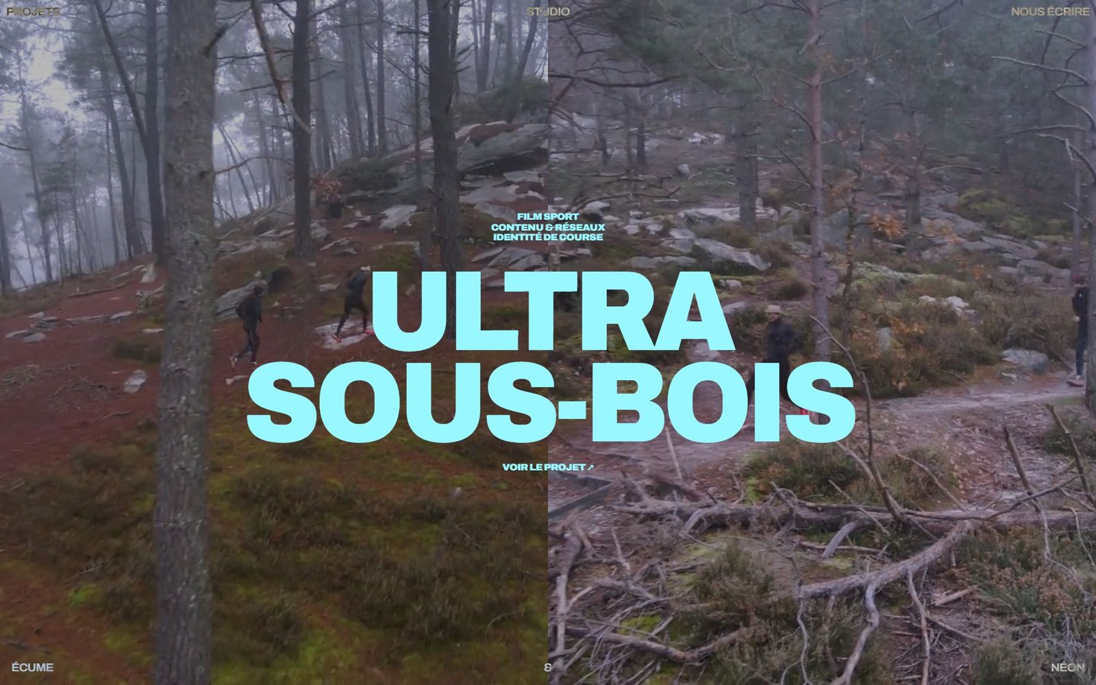 Un trail en forêt : le titre cyan se recolle pile sur la coupe entre les deux films.