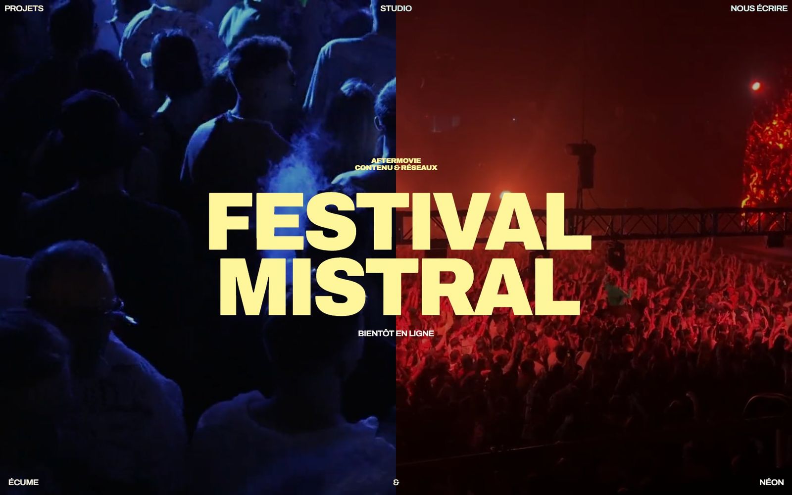 Un festival : bleu à gauche, rouge à droite, et un titre jaune qui tient les deux.