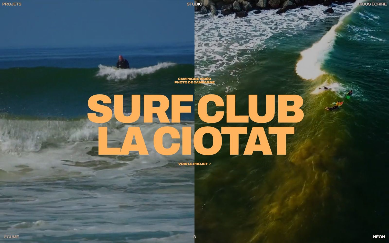 Un club de surf : la mer d'un côté, la vague vue du ciel de l'autre.