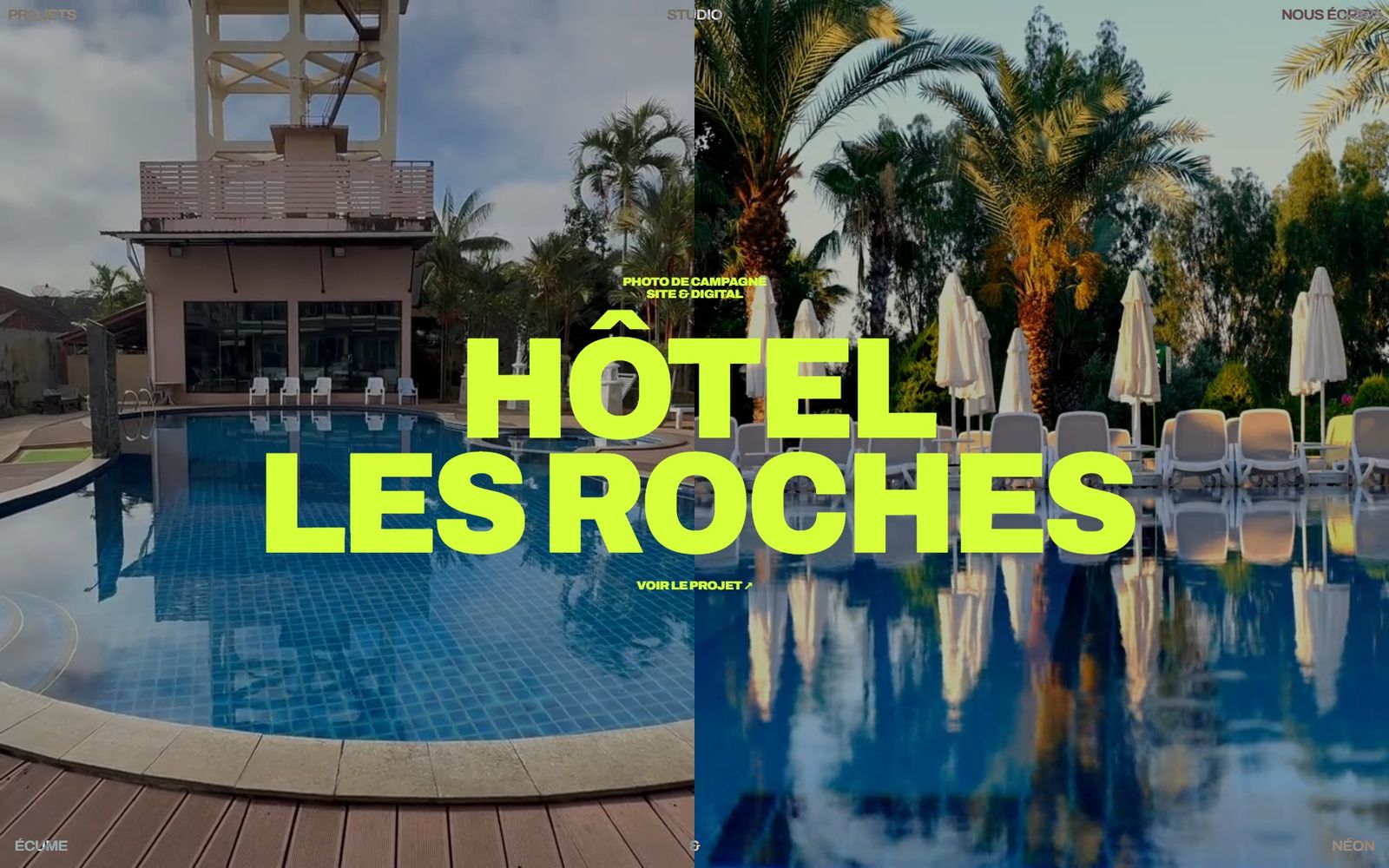 Un hôtel : le bâtiment et la piscine, deux plans du même lieu côte à côte.