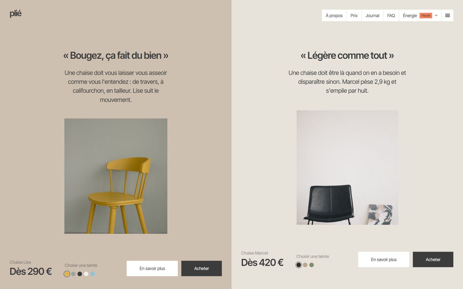 Les chaises : Lise et Marcel ont chacune leur carte, leur prix et leurs teintes, achetables sans quitter la page.